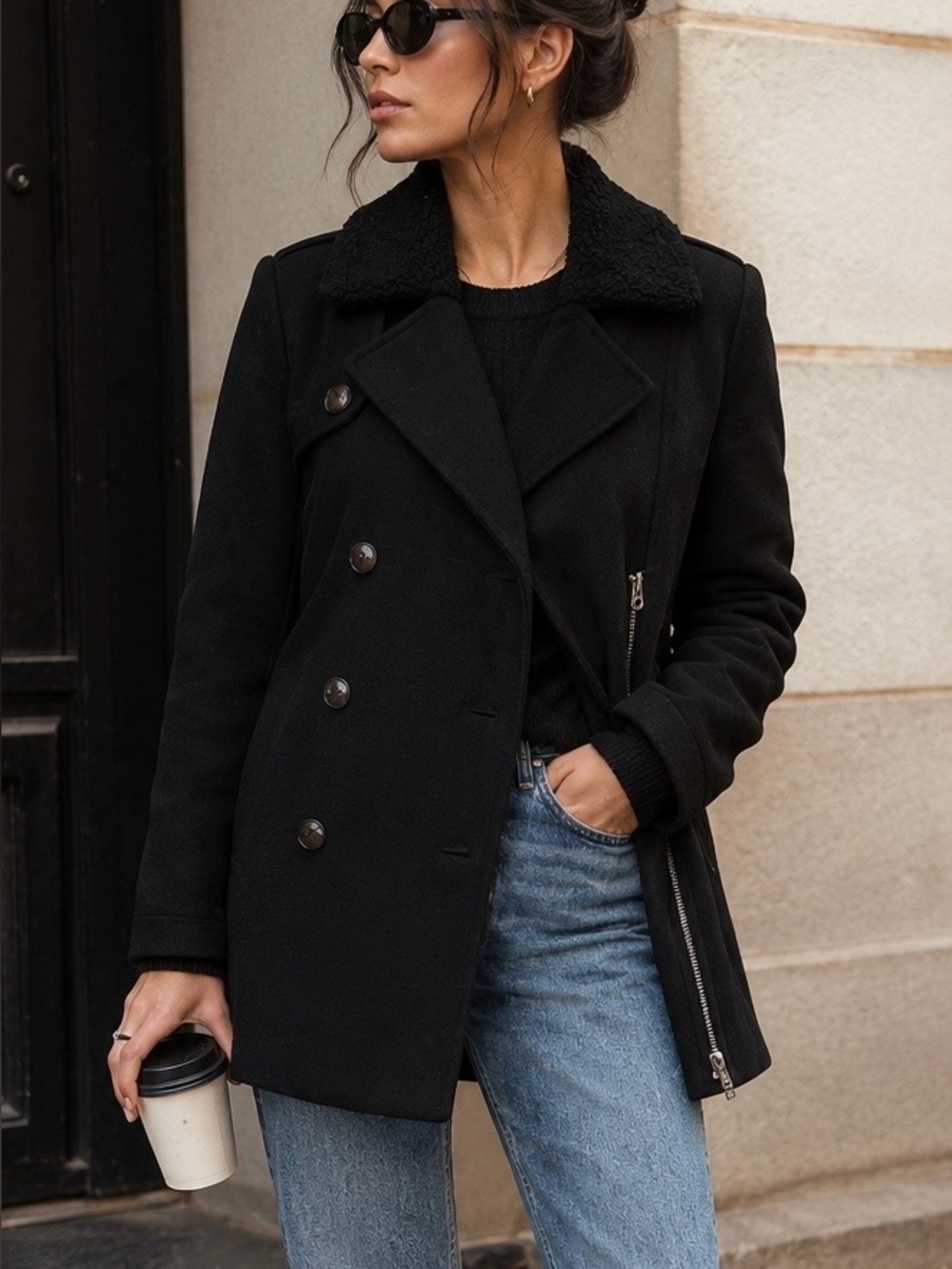 NWT Members Only Fur Collar Black Wool-Blend Double-Breasted Pea Coat Sz Small